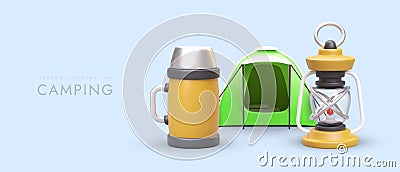 Camp with overnight stay. 3D tent, kerosene lantern, thermos with handle Vector Illustration