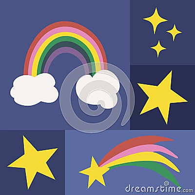 Geometric color block pattern with rainbows and stars Vector Illustration