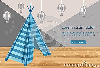 Camp tent hovel Vector. Tent-hut for children s games.Element for graphic design. Blue color hut. Abstract air balloons on Stock Photo