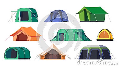 Camp tents and campsite shelters, camping travel Vector Illustration