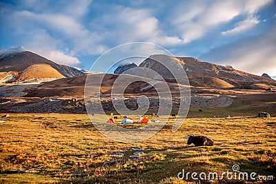 Camp under Mt MaKaLu in Tibet Stock Photo