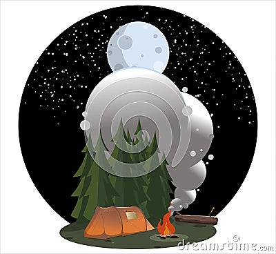 Campaign The camp stands in a clearing near the forest. The night sky is strewn with stars. Moon. A bonfire burns Vector Illustration