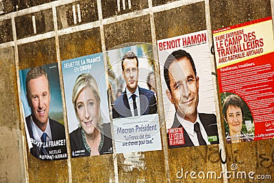 Campaign posters for the 2017 french presidential election in a small village Editorial Stock Photo