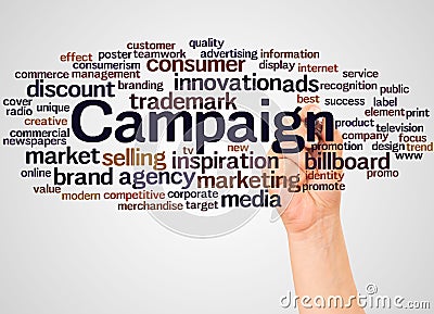 Campaign word cloud and hand with marker concept Stock Photo