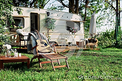 Camper camping at summer vacation Stock Photo