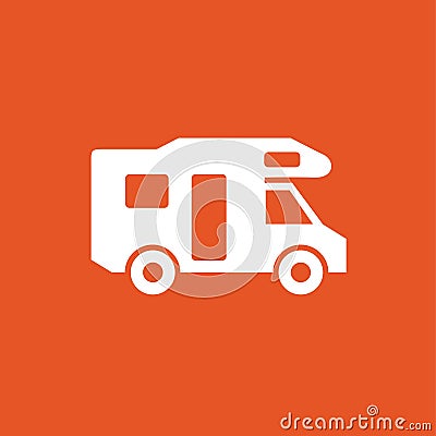 Camper icon. House on wheels logo. White car with van on an orange background. Vector Illustration