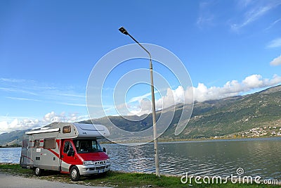 Camper parked near Lake Pamvotida in Ioannina Editorial Stock Photo