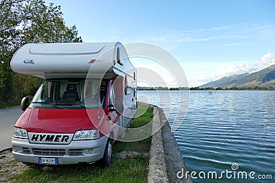 Camper parked near Lake Pamvotida in Ioannina Editorial Stock Photo