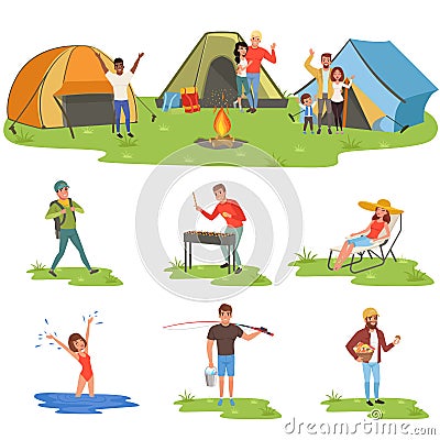 Camper people set, tourists traveling, camping and relaxing, fising vector Illustrations Vector Illustration