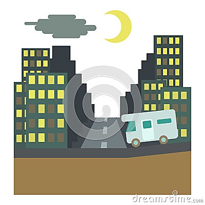 Camper rides at night in city concept, flat style Cartoon Illustration