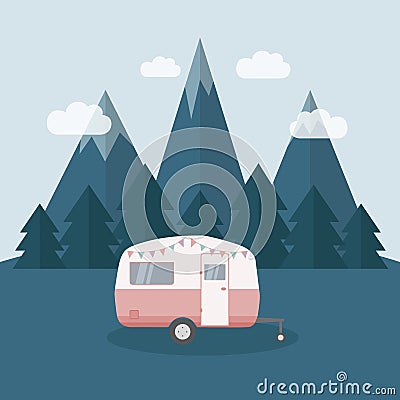 camper summer holiday on a road trip Vector Illustration