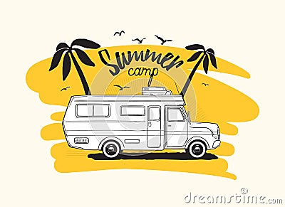 Camper trailer or campervan driving against exotic palm trees on background and Summer Camp inscription. Vehicle for Vector Illustration