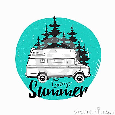 Camper trailer, campervan or recreational vehicle driving on road against spruce trees on background and camp summer Vector Illustration
