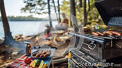 A camper unpacks a portable grill to cook up some burgers and hot dogs for a lakeside picnic with fellow adventurers Stock Photo