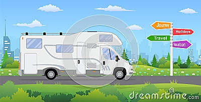 Camper van on city background. Vector Illustration