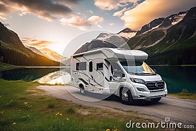 camper van embarks on an exciting road trip adventure through a stunning mountain landscape. Stock Photo