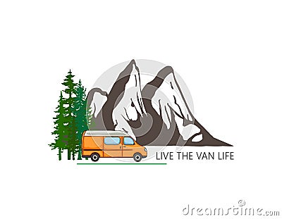 Camper van with forest and mountains in the background. Living van life, camping in the nature, travelling. Live the van life text Stock Photo