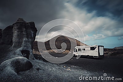 Camper van life freedom concept home. Modern motorhome in scenic landscape destination. Blue sky and beautiful outdoors around. Editorial Stock Photo