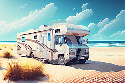 Camper van motor home on the sandy beach. Car traveling illustration. Freedom vacation travel Cartoon Illustration