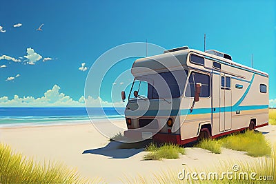 Camper van motor home on the sandy beach. Car traveling illustration. Freedom vacation travel Cartoon Illustration