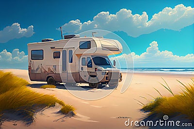 Camper van motor home on the sandy beach. Car traveling illustration. Freedom vacation travel Cartoon Illustration