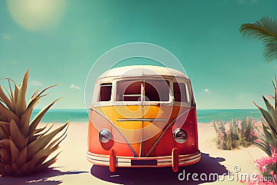 Camper van motor home on the sandy beach. Car traveling illustration. Freedom vacation travel Cartoon Illustration