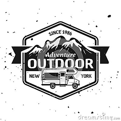 Camper van and mountains vector monochrome emblem Vector Illustration