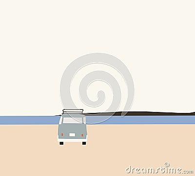 Camper van parking at the tropical beach during on vacation road trip. Vector Illustration