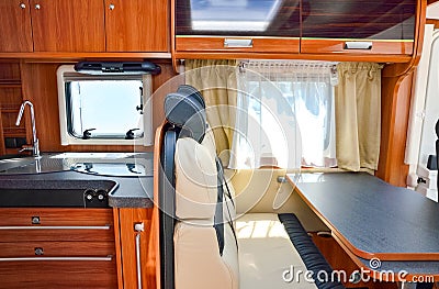 Camper van, rv, caravan interior, inside view of motorhome for family holiday travel Stock Photo