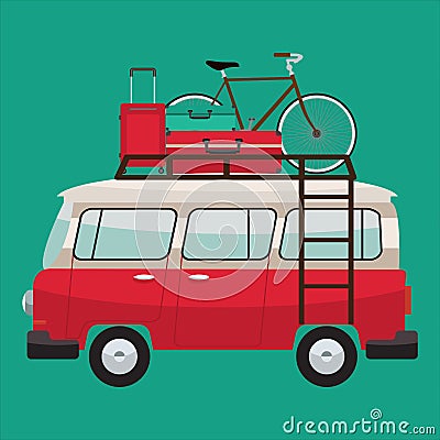 Camper van. Summer vacation. Vector flat color design Vector Illustration