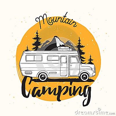 Camper van, travel trailer or recreational vehicle driving on road against mounts and forest on background and mountain Vector Illustration