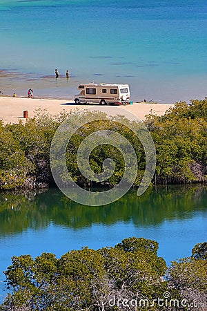 Campers on beach in Loreto bays in baja california sur VI Editorial Stock Photo