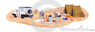 Campers relaxing in sand desert. Tourists friends at camping tents in holiday adventure, travel. Traveler at vacation Vector Illustration