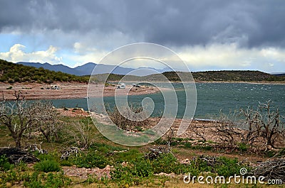 Campers at Roosevelt Lake Arizona Stock Photo