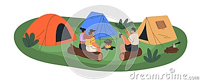 Campers sitting around bonfire at campground. Friends tourists relaxing, camping in nature, talking by fire, at tents on Vector Illustration