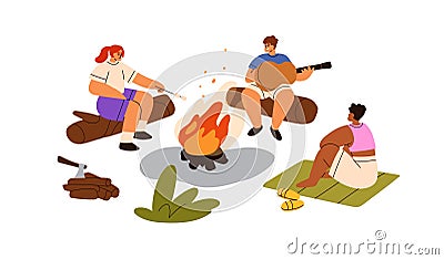 Campers sitting around fire. Friends singing songs, playing guitar at bonfire at campsite on summer holiday. Tourists Cartoon Illustration