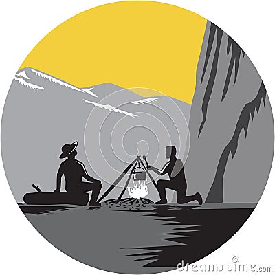 Campers Sitting Cooking Campfire Circle Woodcut Vector Illustration