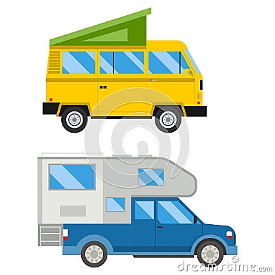 Campers vacation travel car summer nature holiday trailer house vector illustration flat transport Vector Illustration