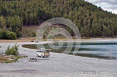 Campervan parking by lakeside at Lake Tekapo, South Island of New Zealand Editorial Stock Photo