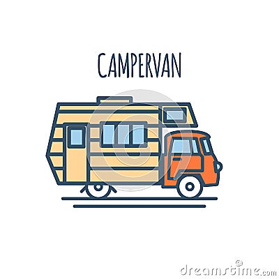 Campervan Thin Line Flat design. Vector Stock Photo