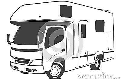 Campervan vector black illustration isolated on white background. Hand drawn illustration. Vector Illustration