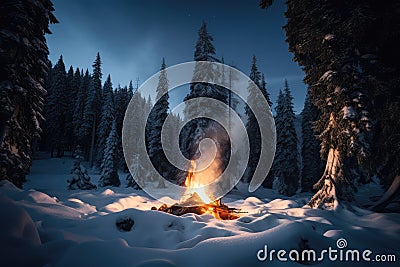 campfire blazing with flames reaching high into the sky, surrounded by snow-covered trees Stock Photo