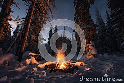 campfire blazing with flames reaching high into the sky, surrounded by snow-covered trees Stock Photo