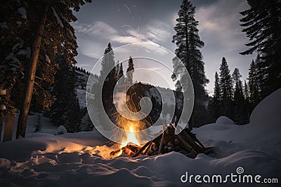 campfire blazing with flames reaching high into the sky, surrounded by snow-covered trees Stock Photo