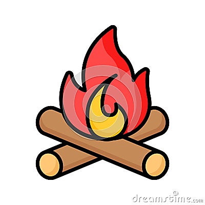 Campfire, burning bonfire, wood log with fire flame in editable design Vector Illustration