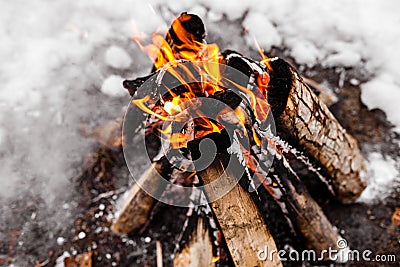 Campfire burns in the snow in the woods.. campfire burning in cold winter. Snow, forest and fire. Winter. Tourism Stock Photo