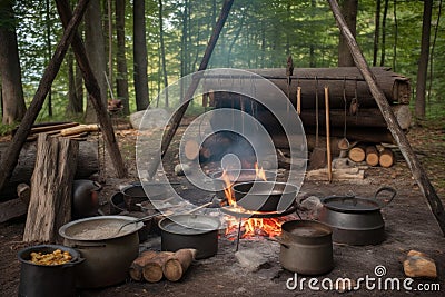 campfire cook, with skillets and pots hanging from tripod over the fire, preparing a feast for friends and family Stock Photo