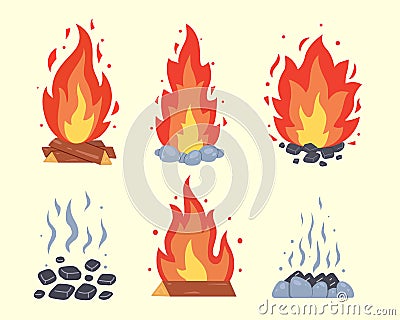 Campfire different types. Vector burning bonfire frames. Camping fire collection. Fireplace with fire coals or woodfire Vector Illustration