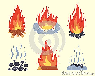 Campfire different types. Vector burning bonfire frames. Camping fire collection. Fireplace with fire coals or woodfire Vector Illustration