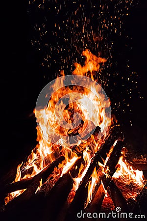 Campfire with flying sparks Stock Photo